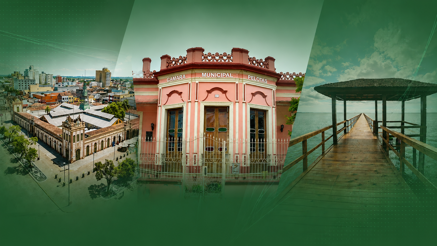 Vista de Pelotas: mercado público, Câmara Municipal e Laguna dos Patos